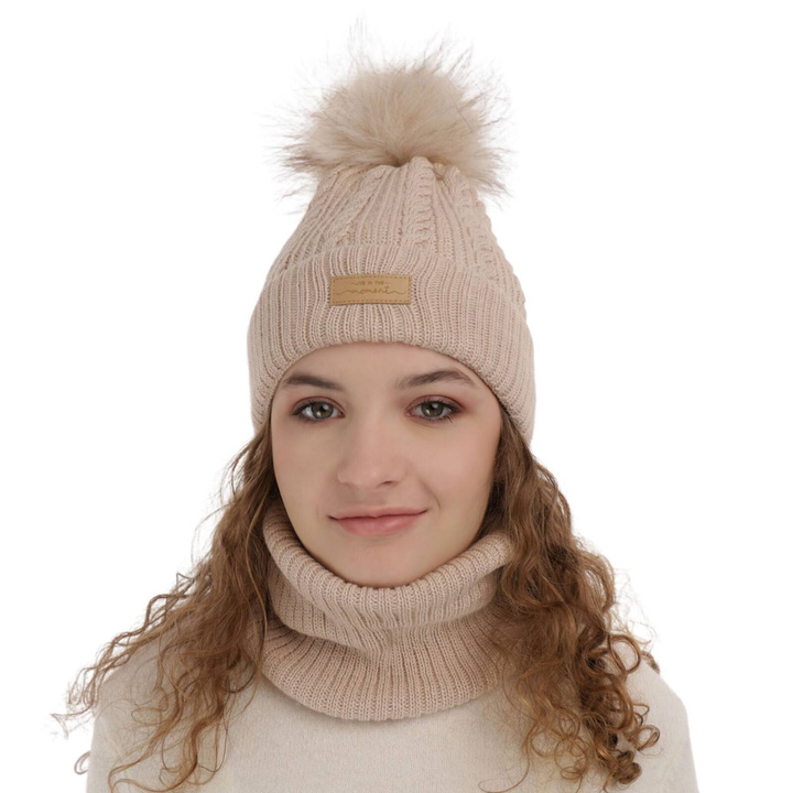 Meisjes winter set muts en buissjaal, beige, Met garen pompon, Alika