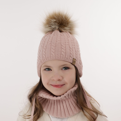 Meisjes winter set muts en buissjaal, wit, met garen pompon, Loreley