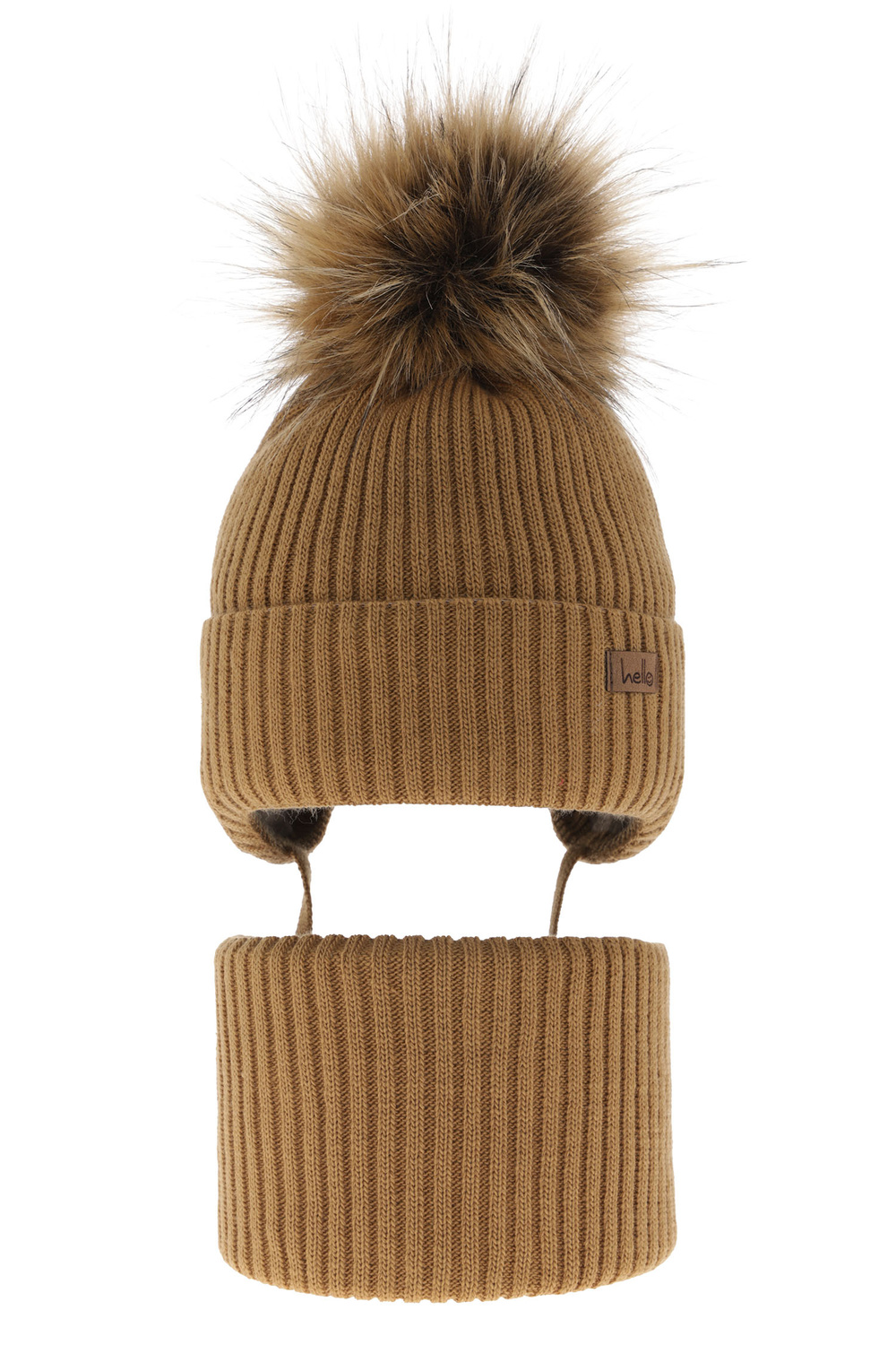 Jongens winter set, camel, met bindkoorden, met garen pompon, Bergo