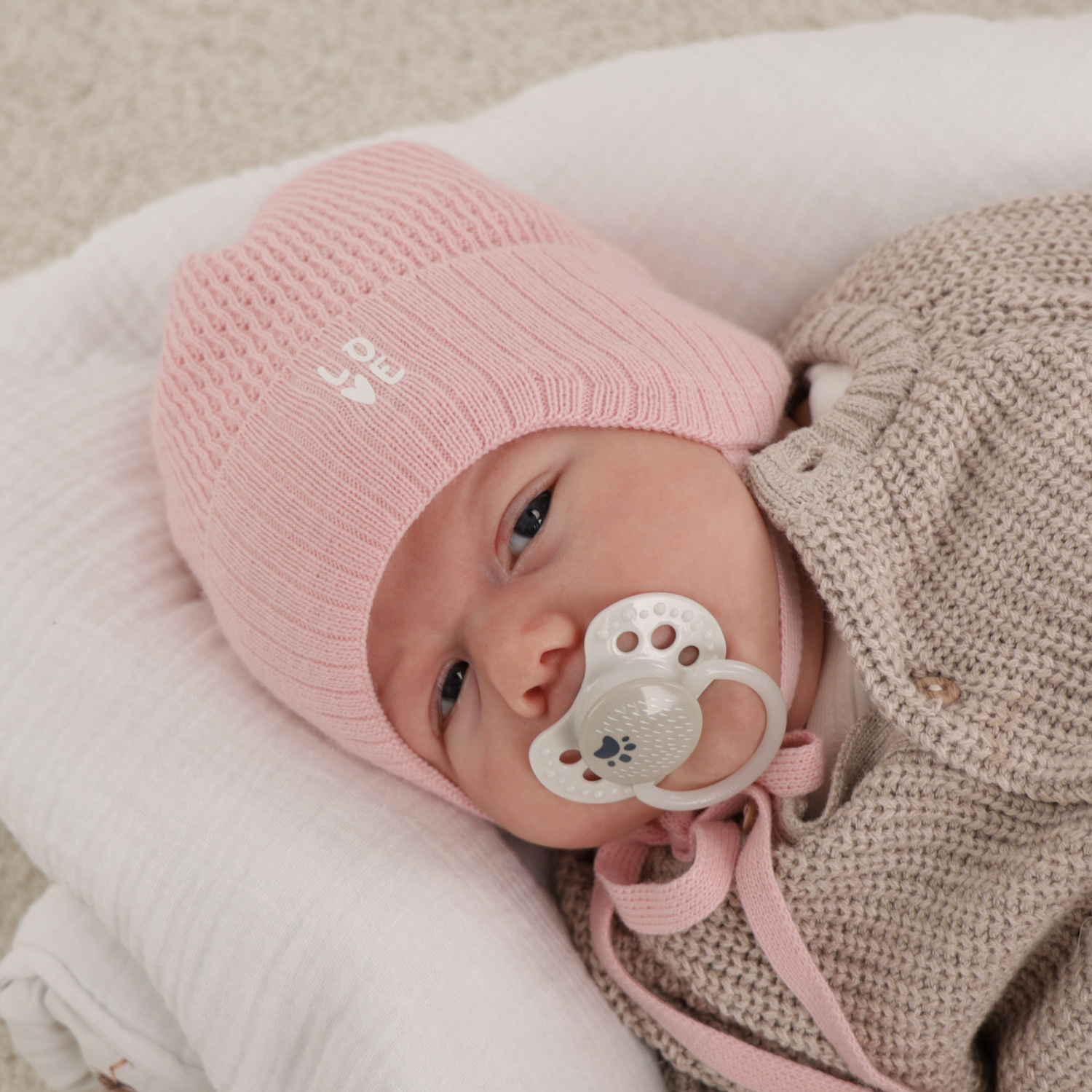 Meisjes herfst/lente muts, creme, met bindkoorden, Camilla