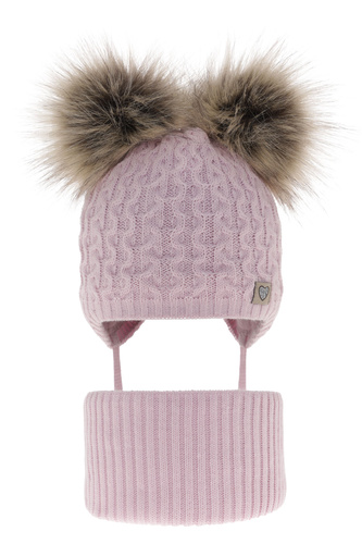Meisjes winter set muts en buissjaal, lila, met twee pompons, met bindkoorden, Poliana