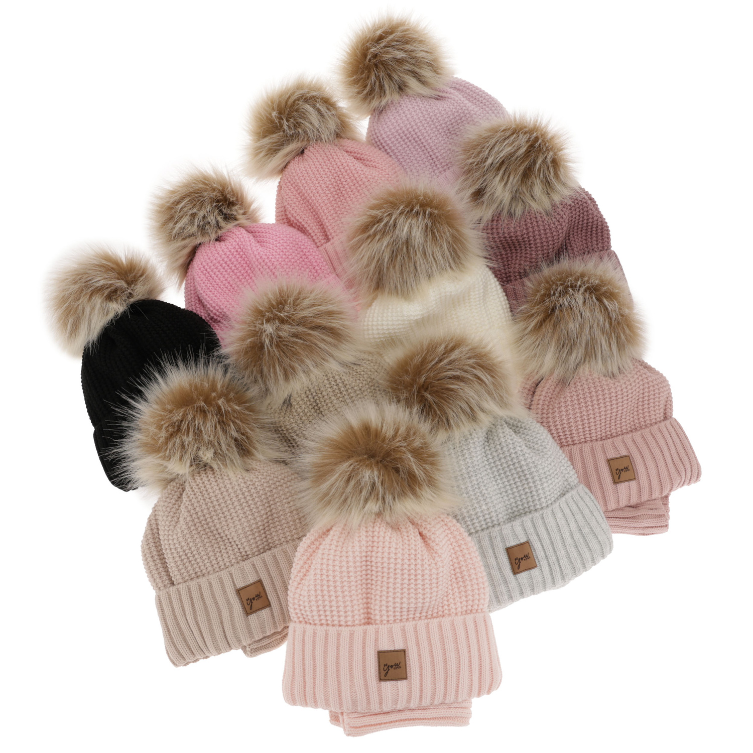 Meisjes winter set muts en buissjaal, beige, met garen pompon, Juliette