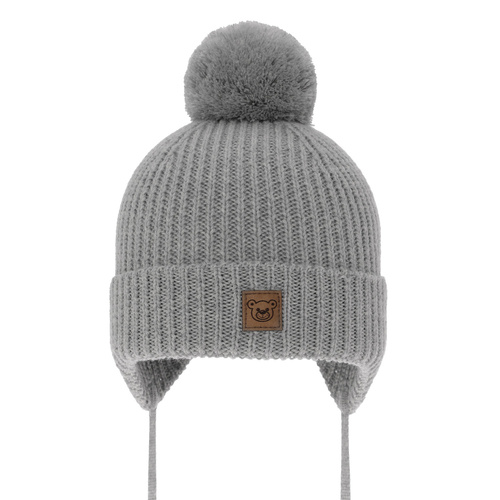 Jongens wintermuts, grijs, 100% Merino Wol, gevoerd met wolvacht, met bindkoorden, Tofik