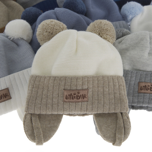 Jongens herfst/lente muts, grijs, met twee pompons garen, met bindkoorden, Gigant
