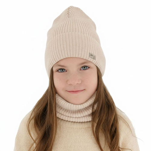 Meisjes herfst/lente set muts en buissjaal, lichtroze, 100% Merino Wol, Itra