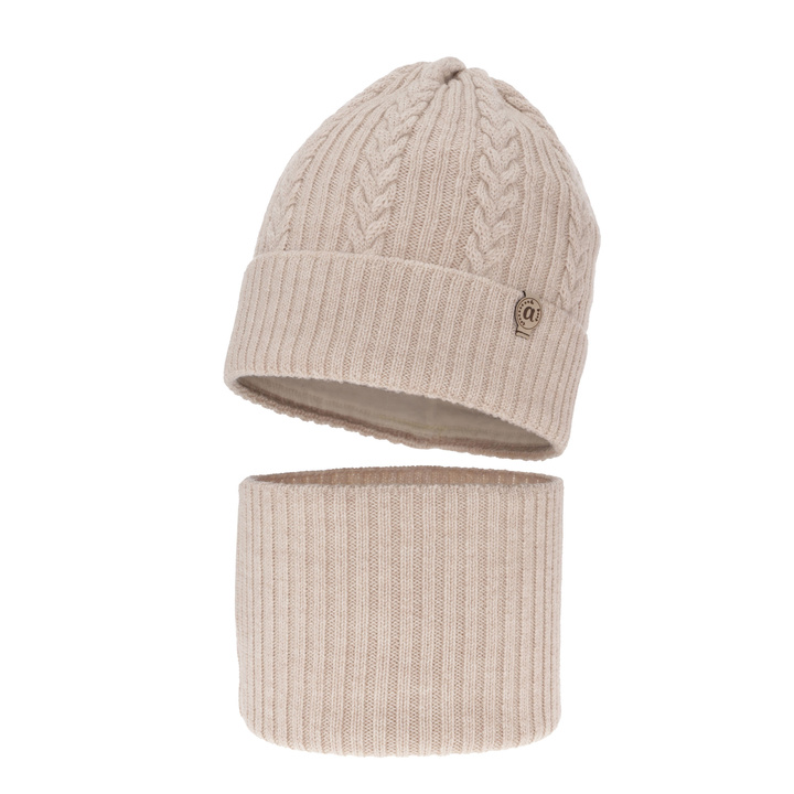 Meisjes winter set muts en buissjaal, beige, 100% Merino Wol, Jenny