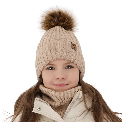 Meisjes winter set muts en buissjaal, lila, met garen pompon, Larina