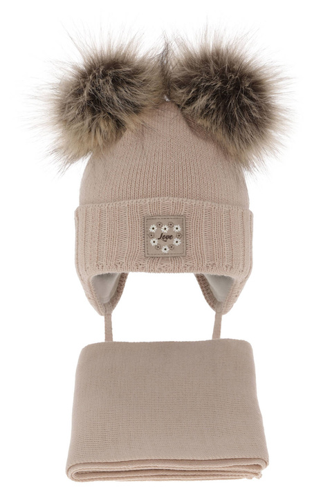 Meisjes winter set muts en sjaal, beige, met twee pompons, Jazz