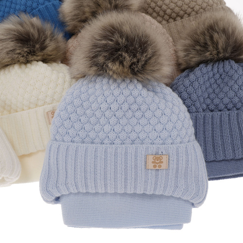 Jongens winter set muts en sjaal, kremi, met garen pompon, met bindkoorden, Norberto