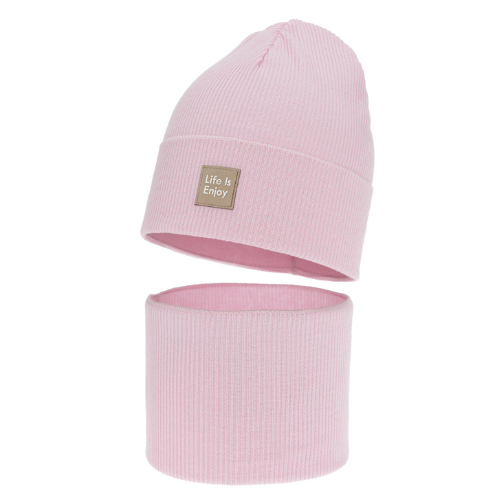 Tyttöjen syys/kevät setti: pipo ja putkihuivi, puuvillalla, vaaleanpunainen, Zola