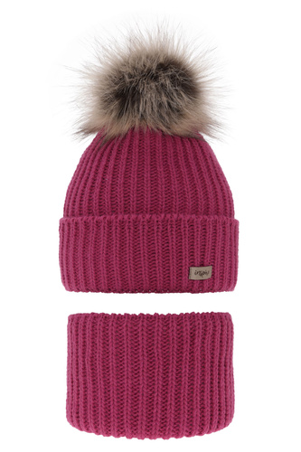 Meisjes winter set muts en buissjaal, roze, met garen pompon, Willow