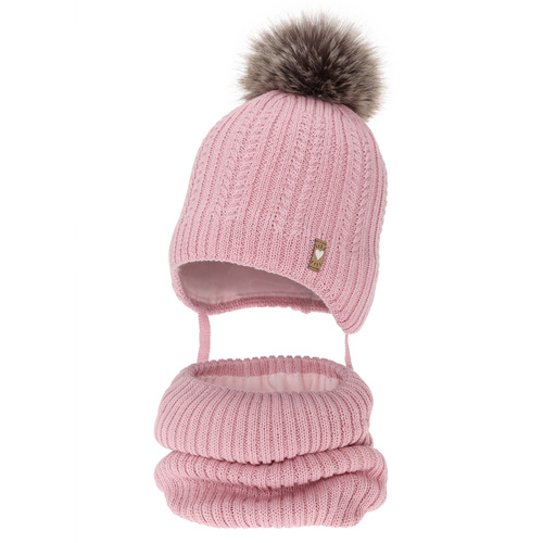 Meisjes winter set, roze, met merinowol, met garen pompon, met bindkoorden, Muanda