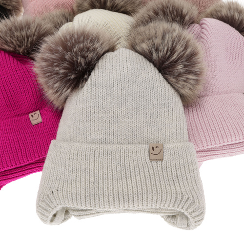 Meisjes winter set, wit, met twee pompons garen, met bindkoorden, Zori