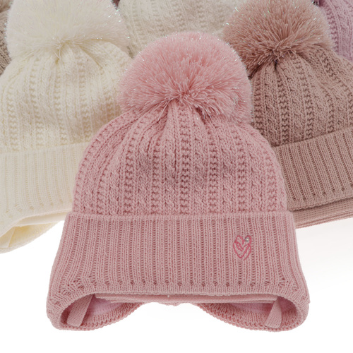 Meisjes winter set muts en sjaal, wit, met garen pompon, met bindkoorden, Marisa