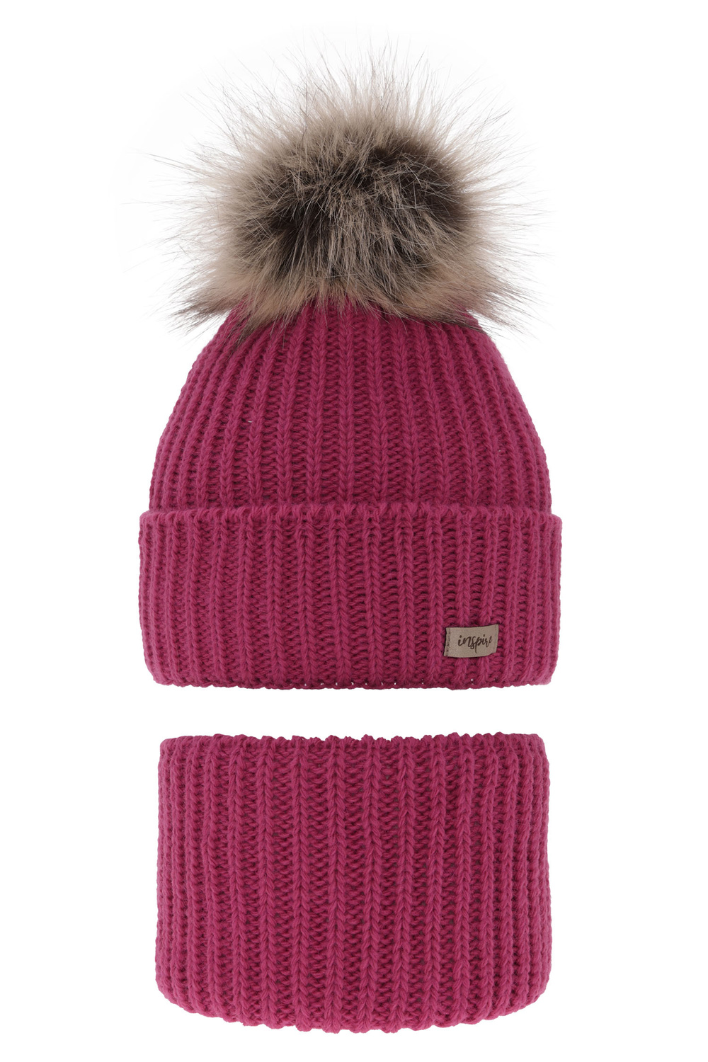 Meisjes winter set muts en buissjaal, roze, met garen pompon, Willow