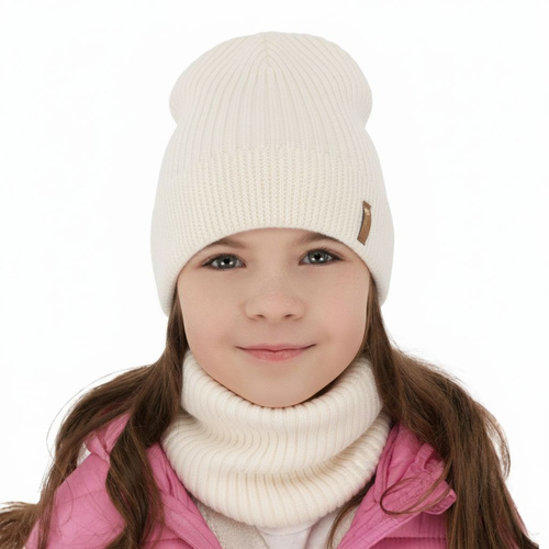 Meisjes herfst/lente set muts en buissjaal, cremewit, 100% Merino Wol, Chelsie