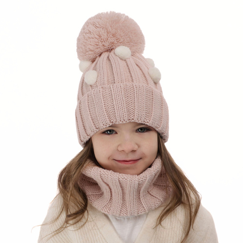 Meisjes winter set muts en buissjaal, roze, met garen pompon, Hekate