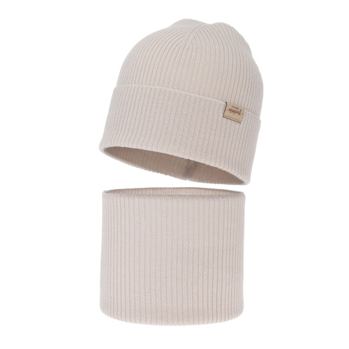 Tyttöjen syys/kevät setti: pipo ja putkihuivi, beige, 100% Merinovilla, Magenta