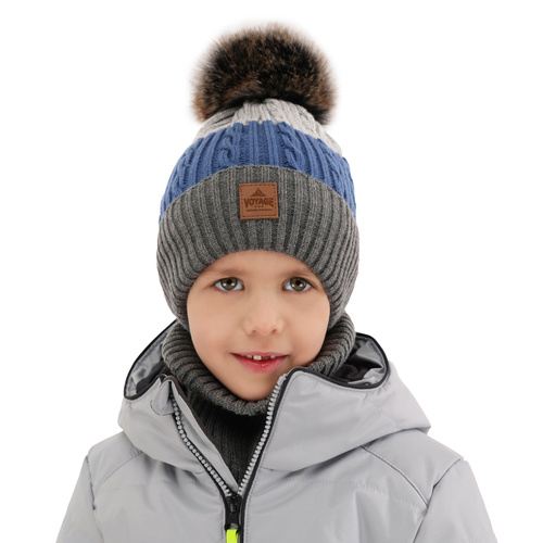 Jongens winter set muts en sjaal, blauw, met garen pompon, Luxor