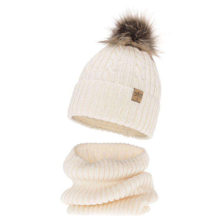Meisjes winter set muts en buissjaal, creme, met garen pompon, met merinowol, Aprilia