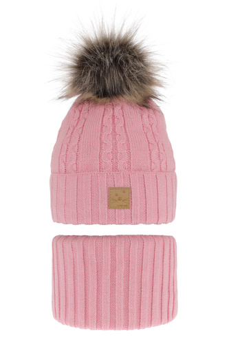 Meisjes winter set muts en buissjaal, roze, met garen pompon, Alexia