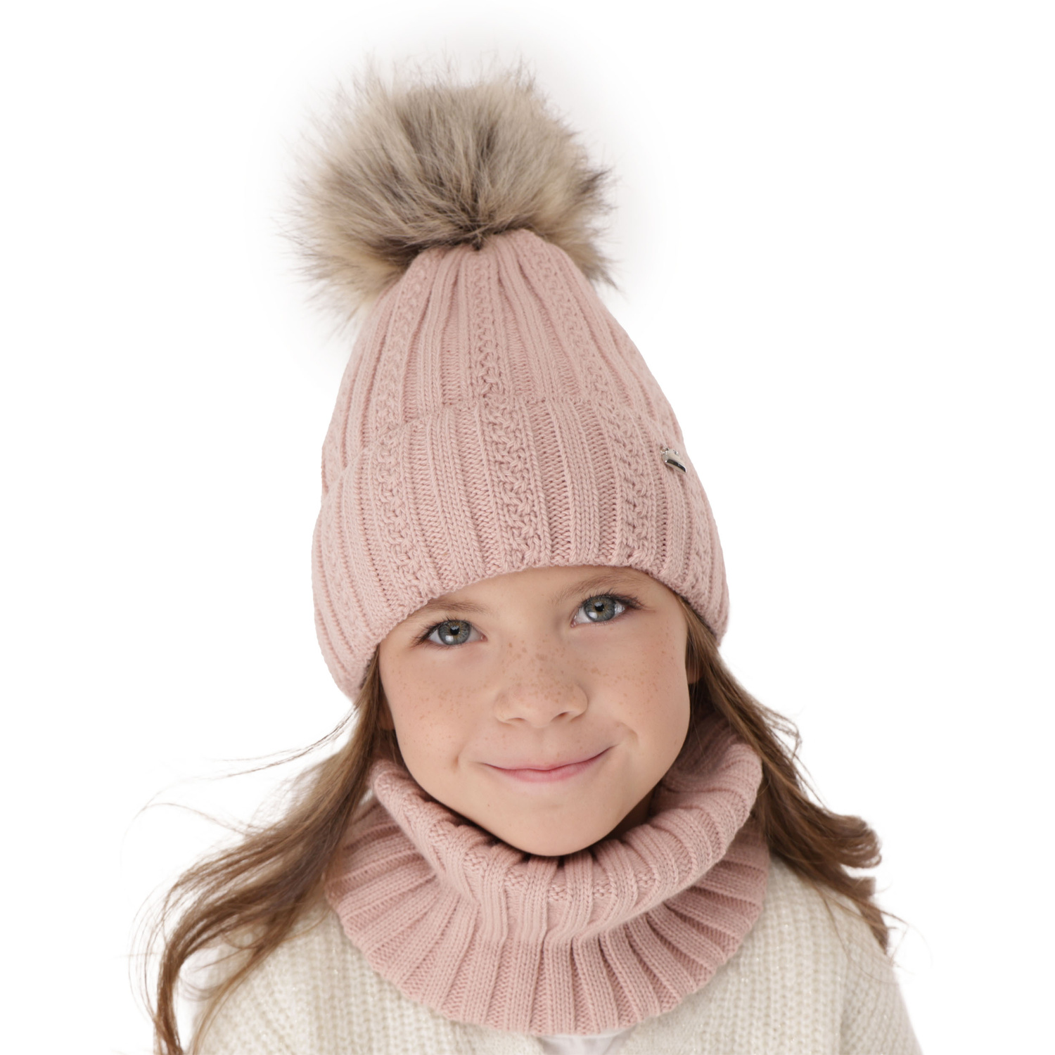 Meisjes winter set, beige, met garen pompon, Wirginia
