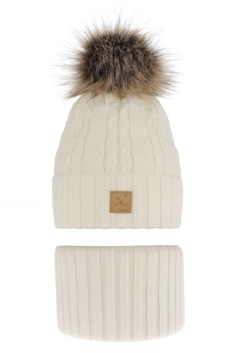 Meisjes winter set muts en buissjaal, kremowy, met garen pompon, Alexia