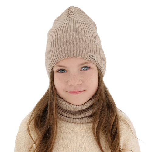 Meisjes herfst/lente set muts en buissjaal, zwart, 100% Merino Wol, Itra