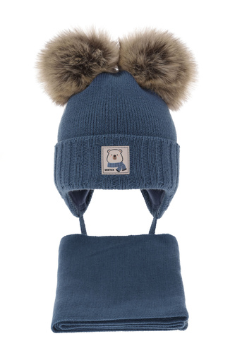 Jongens winter set muts en sjaal, blauw, met twee pompons (garen), Jewel