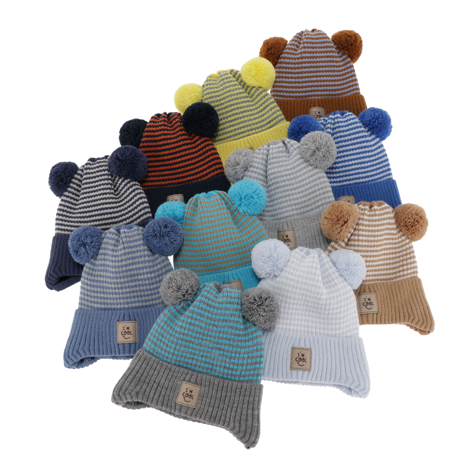 Jongens herfst lente muts, bruin, met twee pompons garen, met bindkoorden, Laurent