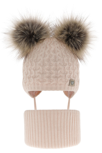 Meisjes winter set muts en buissjaal, lichtroze, met twee pompons, Poliana