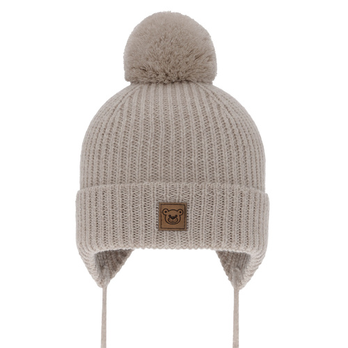 Jongens wintermuts, beige, 100% Merino Wol, gevoerd met wolvacht, met bindkoorden, Tacco