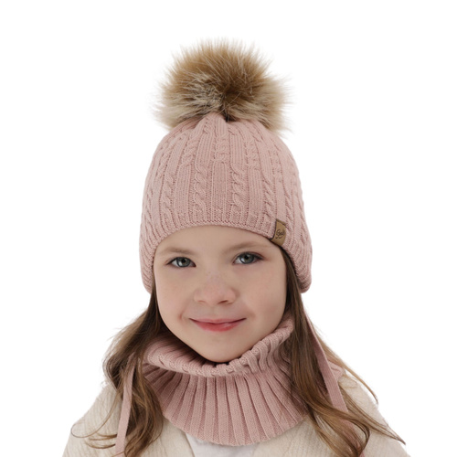 Meisjes winter set muts en sjaal, roze, met garen pompon, Loreley