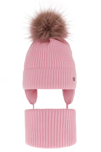 Meisjes winter set muts en buissjaal, roze, met garen pompon, met bindkoorden, Debra