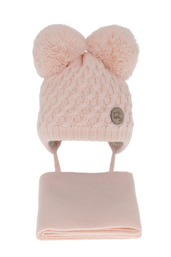 Meisjes winter set muts en sjaal, lichtroze, met twee pompons garen, met bindkoorden, Anava