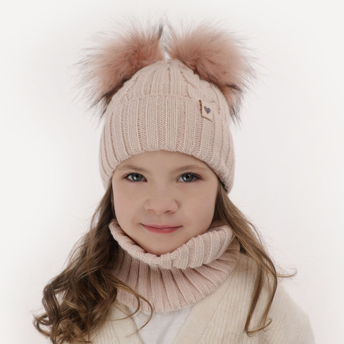 Meisjes winter set muts en buissjaal, amarant, met twee pompons, Amala