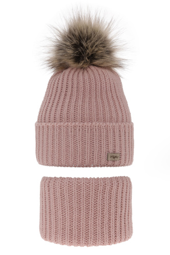 Meisjes winter set muts en buissjaal, roze, met garen pompon, Willow