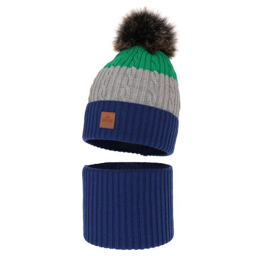 Jongens winter set muts en sjaal, blauw, met garen pompon, Luxor