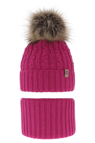 Meisjes winter set muts en buissjaal, roze, met garen pompon, Pretoria
