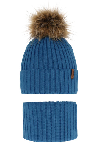 Jongens winter set muts en sjaal, blauw, met garen pompon, Onyks
