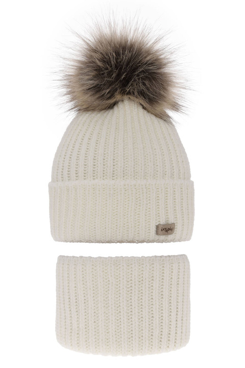Meisjes winter set muts en buissjaal, creme, met garen pompon, Willow