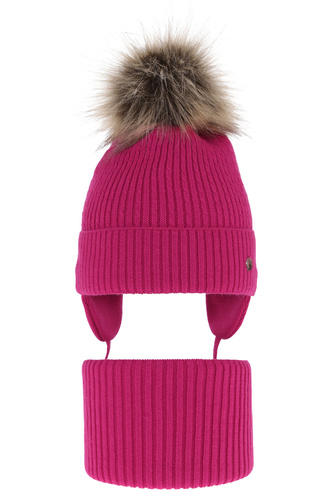 Meisjes winter set muts en buissjaal, roze, met garen pompon, Debra