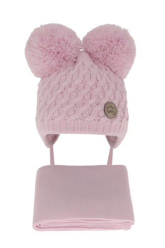 Meisjes winter set muts en sjaal, lila, met twee pompons garen, met bindkoorden, Anava