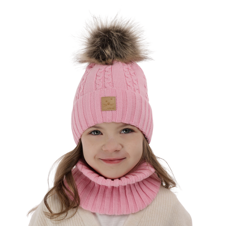Meisjes winter set muts en buissjaal, roze, met garen pompon, Alexia