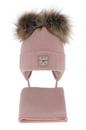 Meisjes winter set muts en sjaal, roze, met twee pompons, Jazz