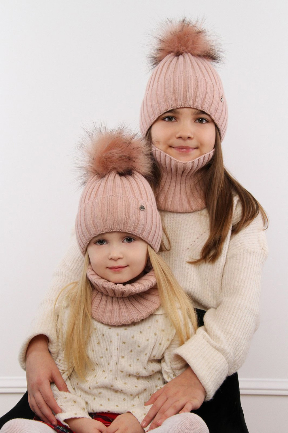 Meisjes winter set, roze, met garen pompon, Wilma