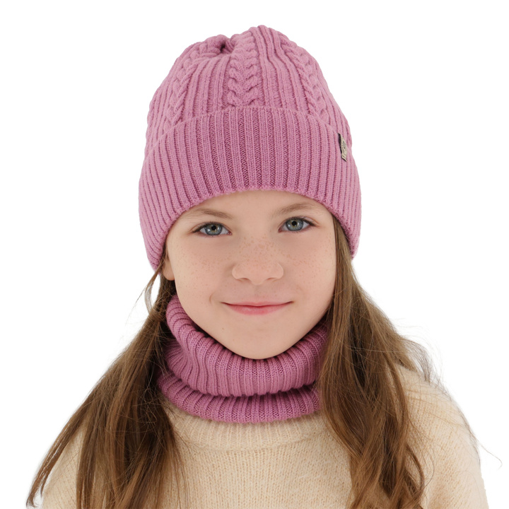 Meisjes winter set muts en buissjaal, paars, 100% Merino Wol, Jenny