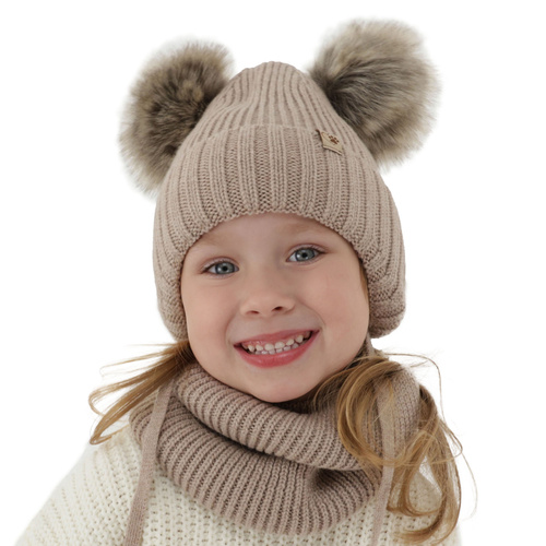 Meisjes winter set muts en buissjaal, beige, 100% merinovilla, met bindkoorden, met twee pompons, Silvia