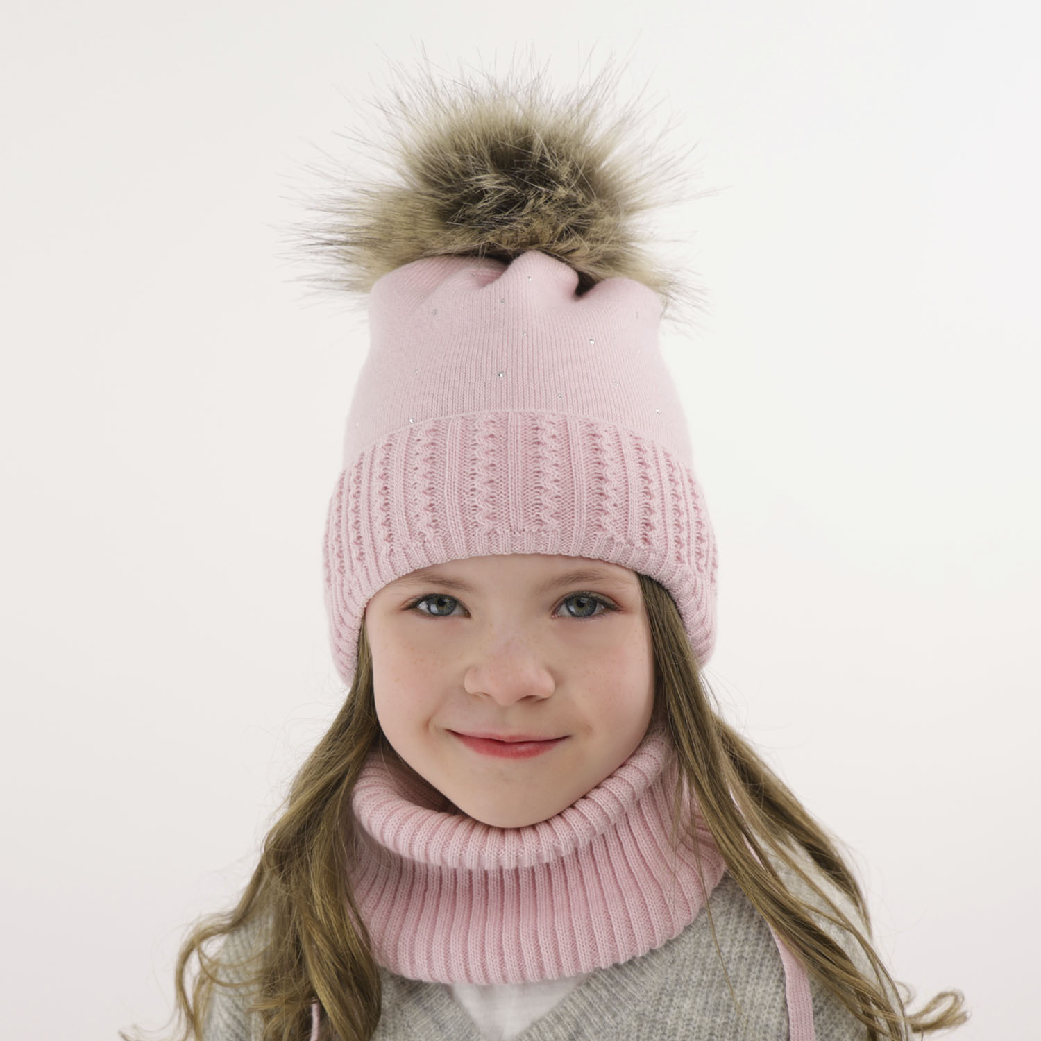 Meisjes winter set muts en buissjaal, kremowy, met garen pompon, Renia