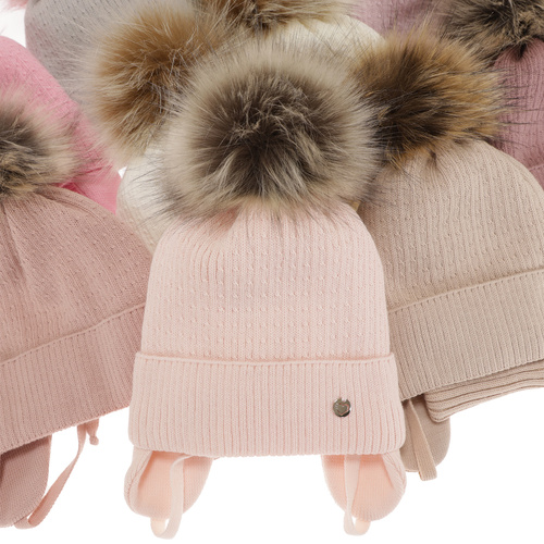 Meisjes winter set muts en buissjaal, roze, met garen pompon, Debra